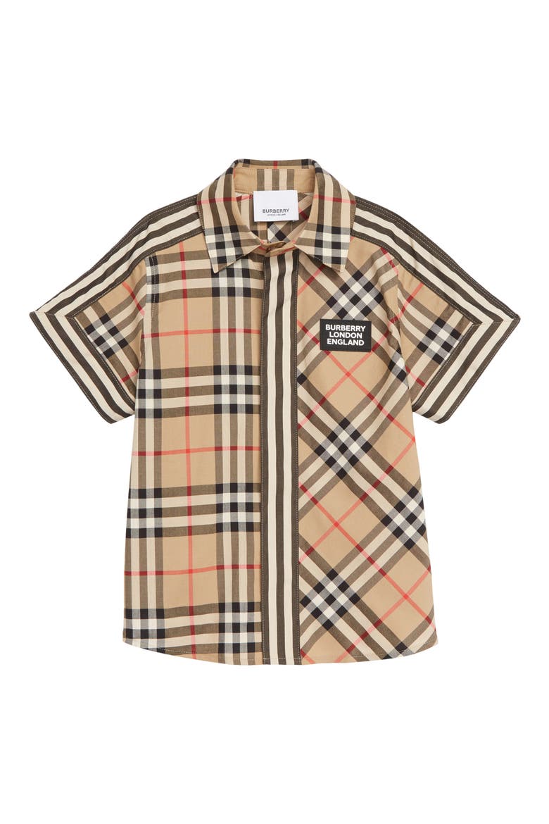 Barrett Check & Stripe Logo Cotton Shirt, Main, color, BEIGE