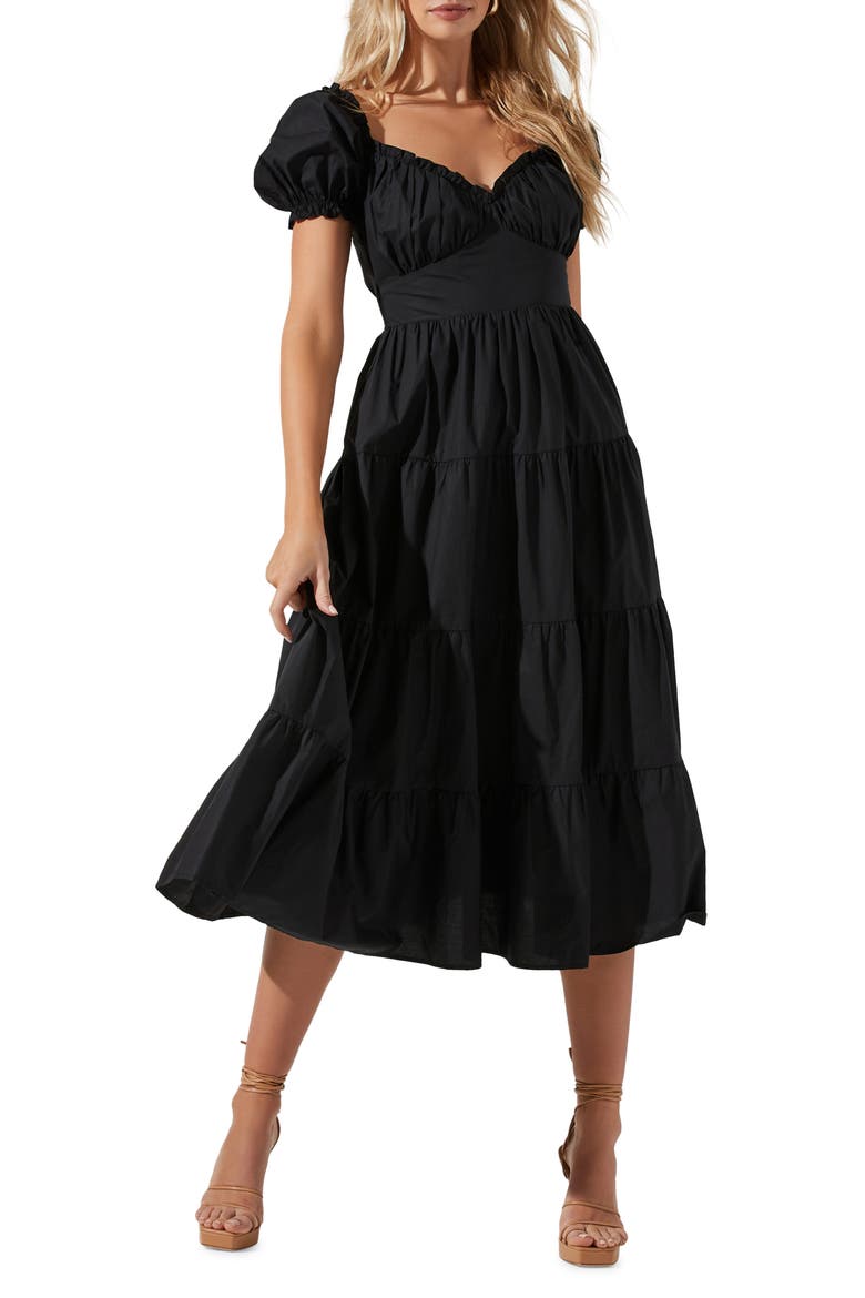 Sweetheart Neck Tiered Ruffle Cotton Dress, Main, color, BLACK