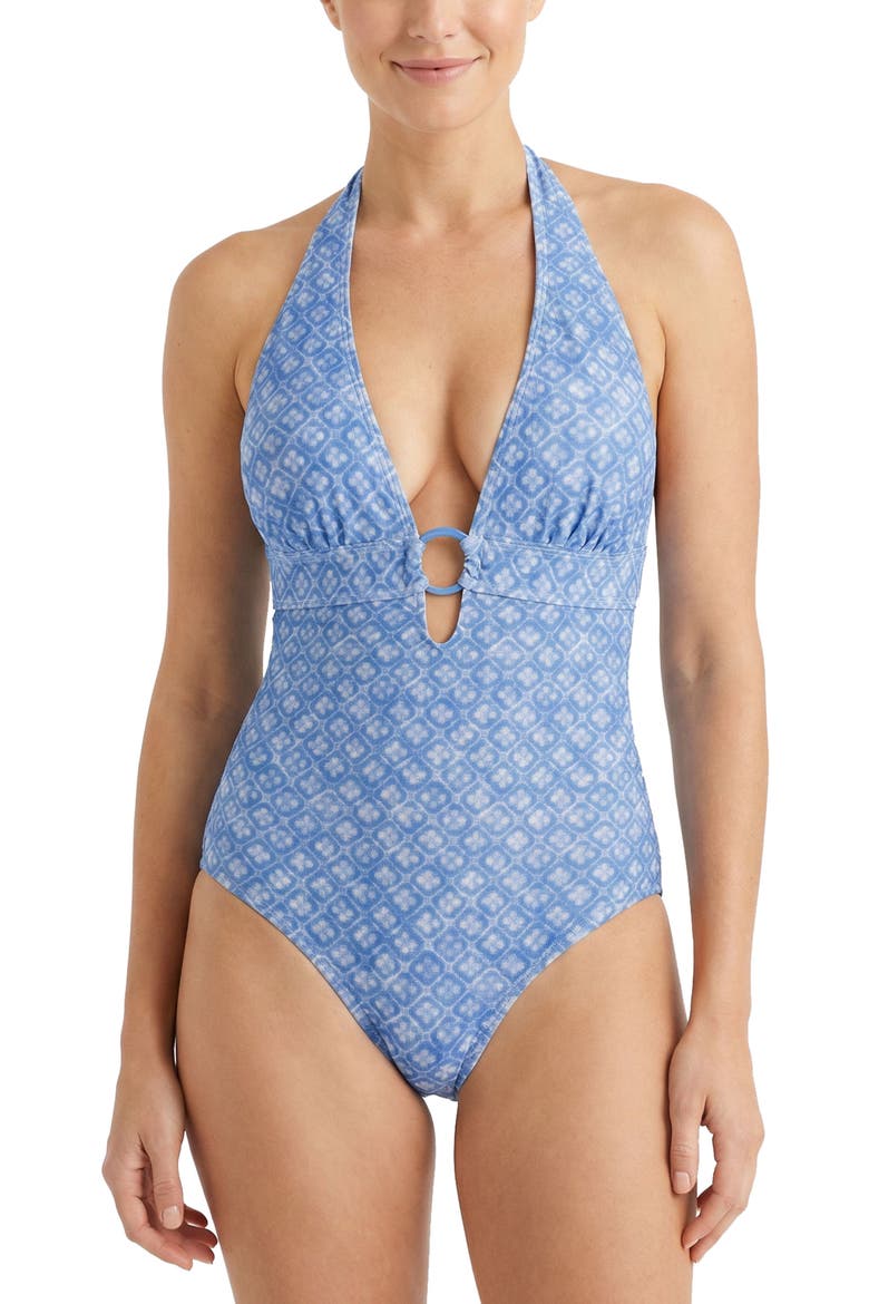 Gabrielle Ring Halter One-Piece Swimsuit, Main, color, Meridien Breeze