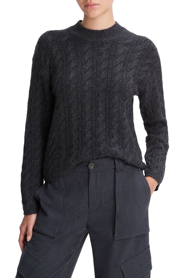 Cable Knit Wool Blend Crewneck Sweater, Main, color, HEATHER CHARCOAL