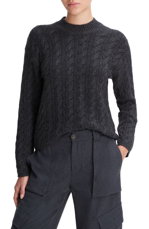 Cable Knit Wool Blend Crewneck Sweater