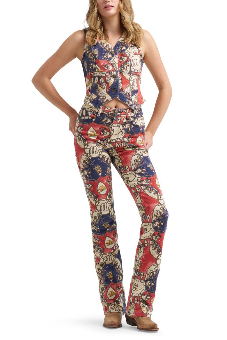 Rodeo Print Denim Western Vest, Alternate, color, RODEO ROUNDUP