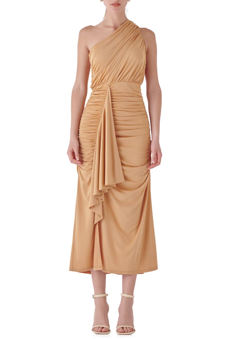 One-Shoulder Draped Midi Dress, Main, color, TAN