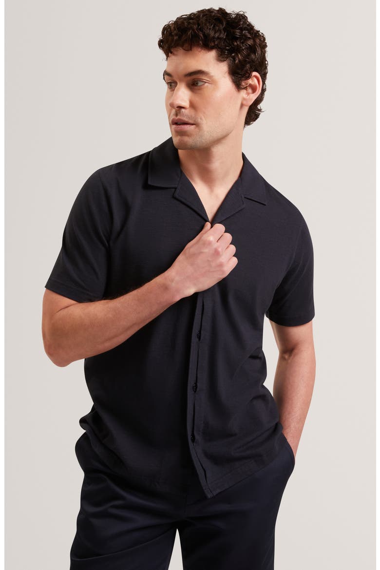 Fendry Cotton & Linen Knit Camp Shirt, Alternate, color, NAVY