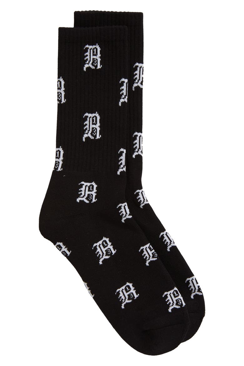 Gothic Logo Crew Socks, Main, color, BLACK W/ R13 LOGO