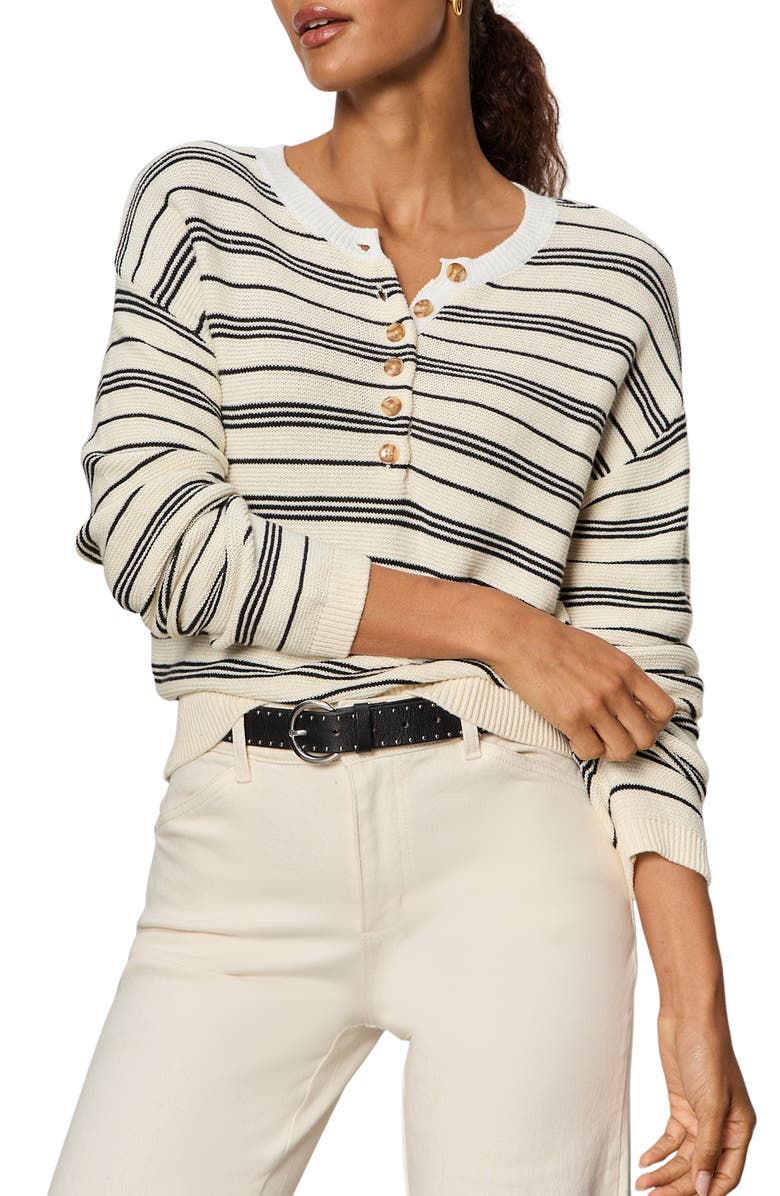 Sanctuary Stripe Cotton Henley Sweater, Alternate, color, Collagen White/ Black Stripe
