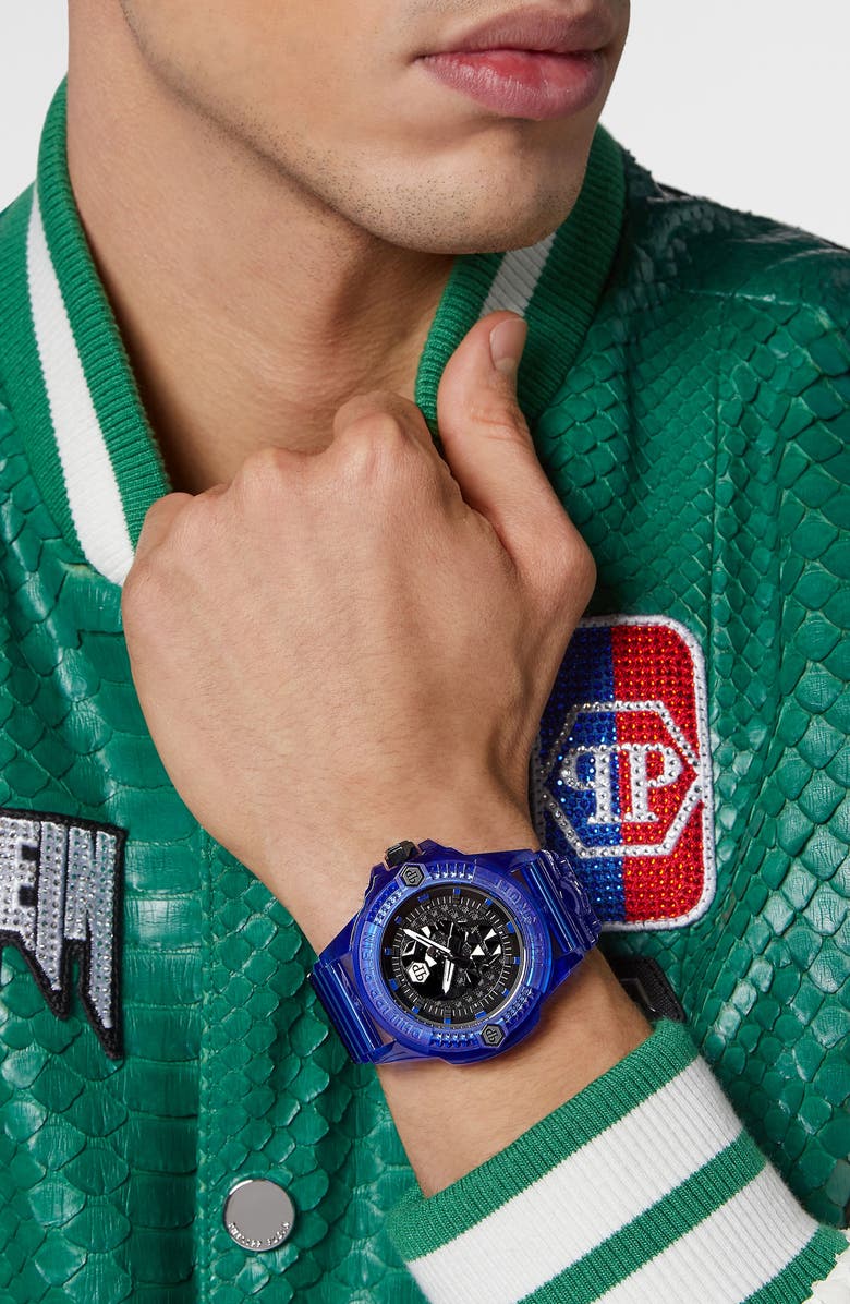 PHILIPP PLEIN The Skull Plastic Strap Watch, 44mm, Alternate, color, Transparent Blue