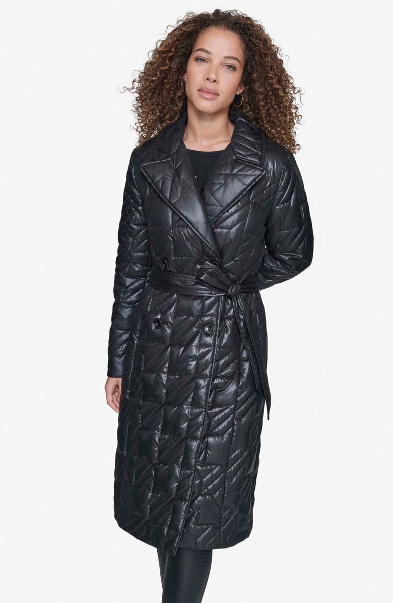 KARL LAGERFELD PARIS Houndstooth Quilted Tie Belt Double Breasted Trench Coat, Alternate, color, Black