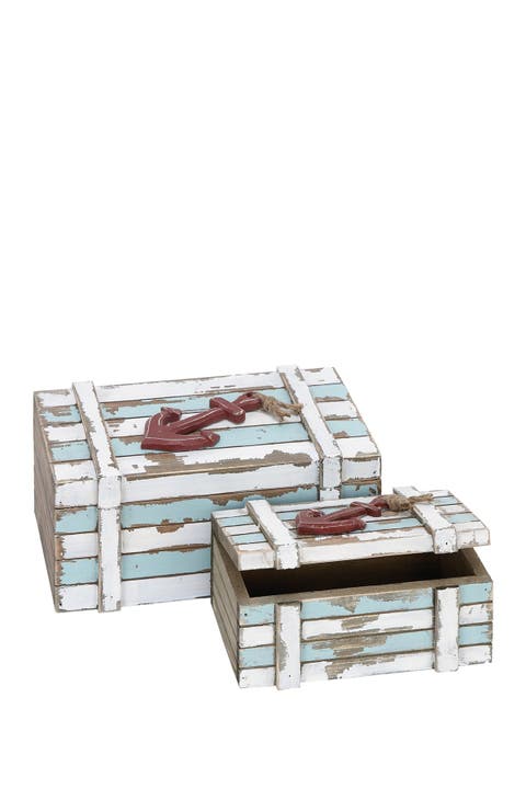 Teal Wood Box with Anchor Detail and Hinged Lid - Set of 2