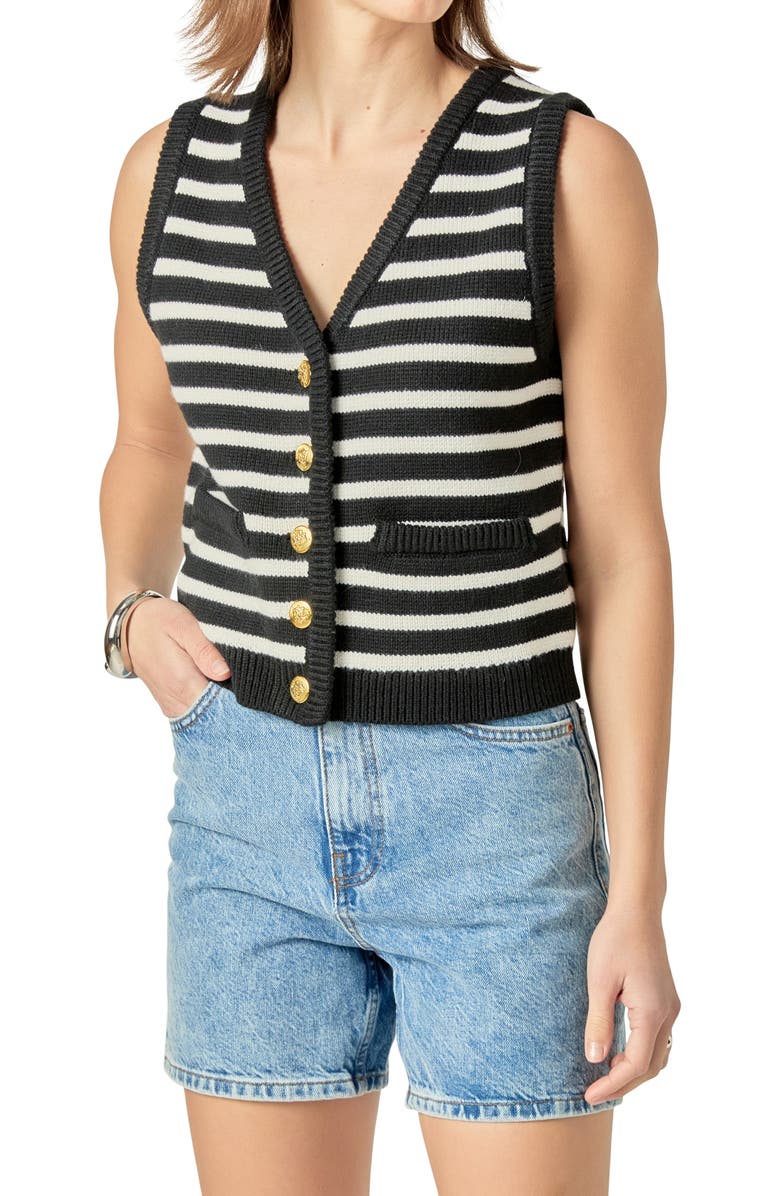 English Factory Stripe Sweater Vest, Alternate, color, Black/ Ivory