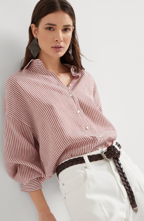 Brunello Cucinelli Stripe Button Down Linen Shirt With Piping Collar In Bordeaux