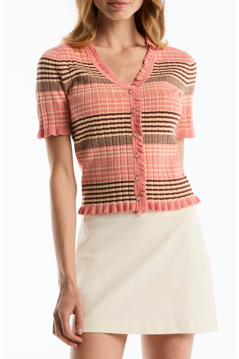 Ruffled V-Neck Cardigan, Main, color, CORAL HAZE