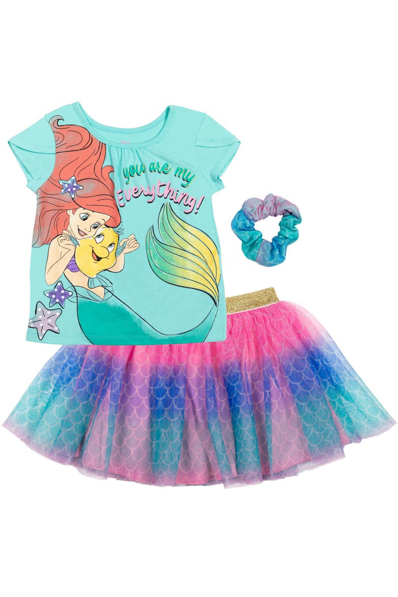 Frozen T-Shirt and Tutu Skirt Set with Scrunchie, Main, color, Aqua Ariel Flounder