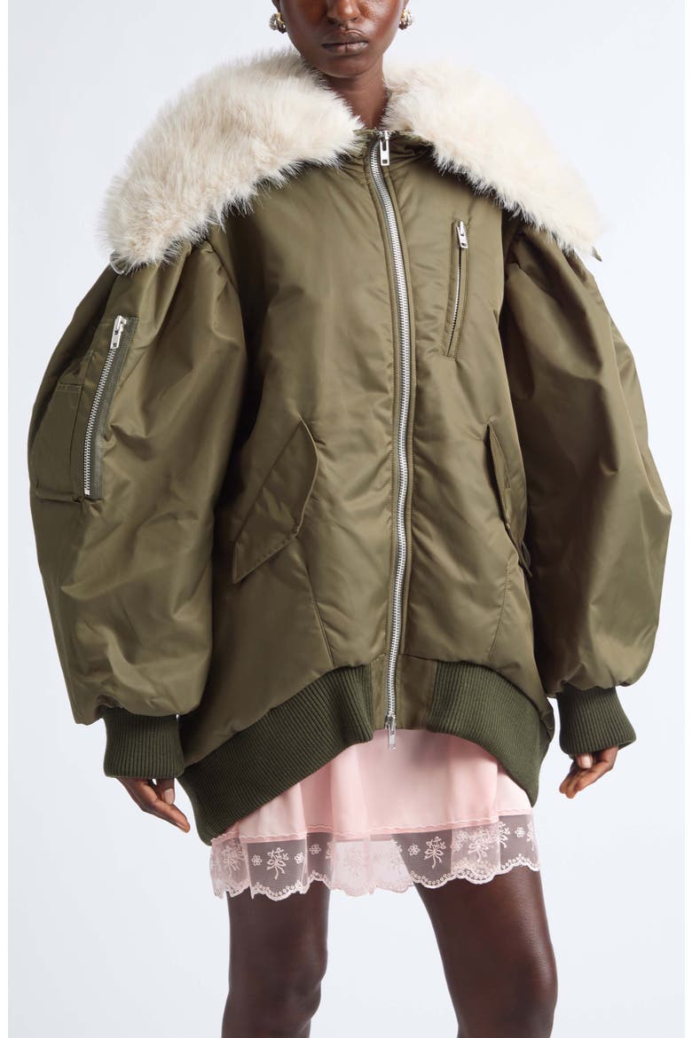 Oversize Bomber Jacket with Split Faux Fur Hood, Alternate, color, KHAKI/ BLONDE