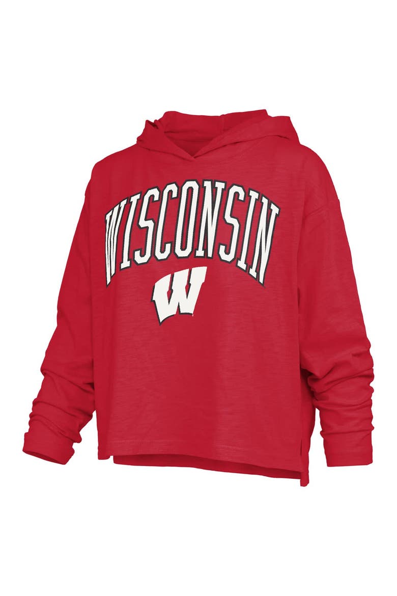 Women's Pressbox  Red Wisconsin Badgers Nelson Arch Over Logo Long Sleeve Hooded Slub T-Shirt, Alternate, color, Red