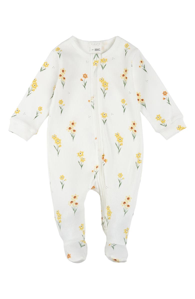 Daffodil Print Cotton Rib One-Piece Footed Pajamas