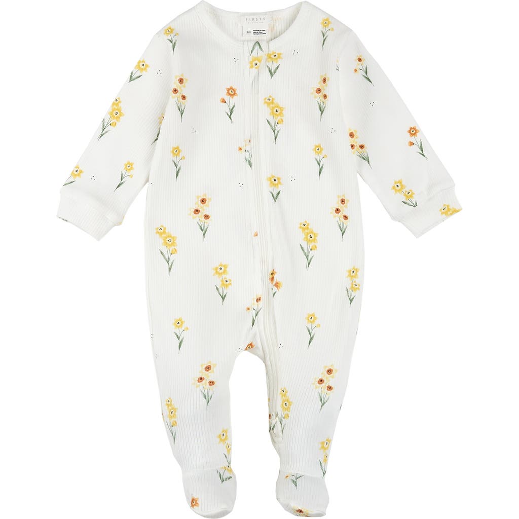 Firsts By Petit Lem Daffodil Print Cotton Rib One-piece Footed Pajamas In Off White