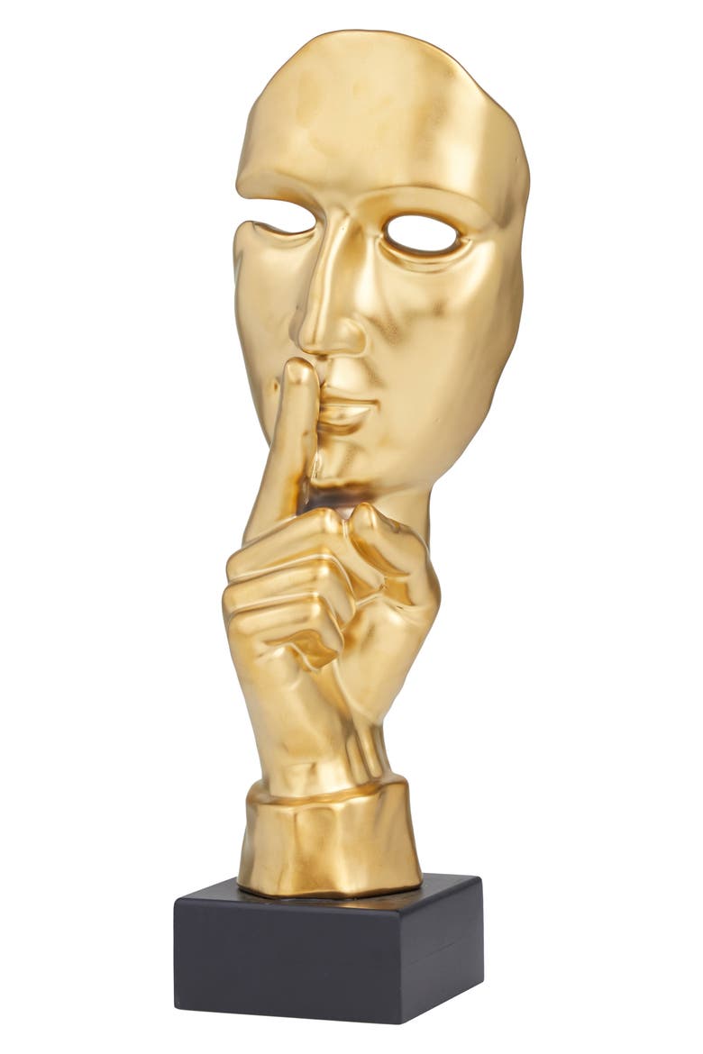 Goldtone Porcelain Quiet Gesture Mask Sculpture, Main, color, GOLD