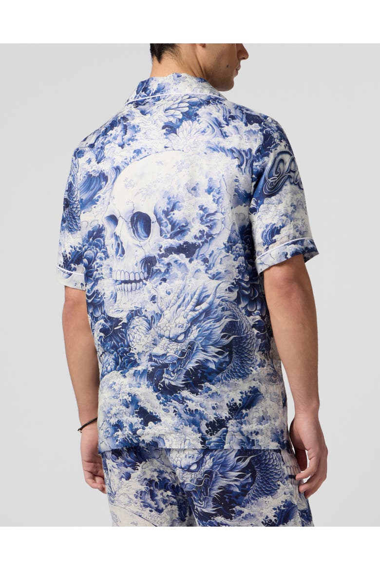 Linen Bowling Shirt All-Over Ceramic Men, Alternate, color, navy