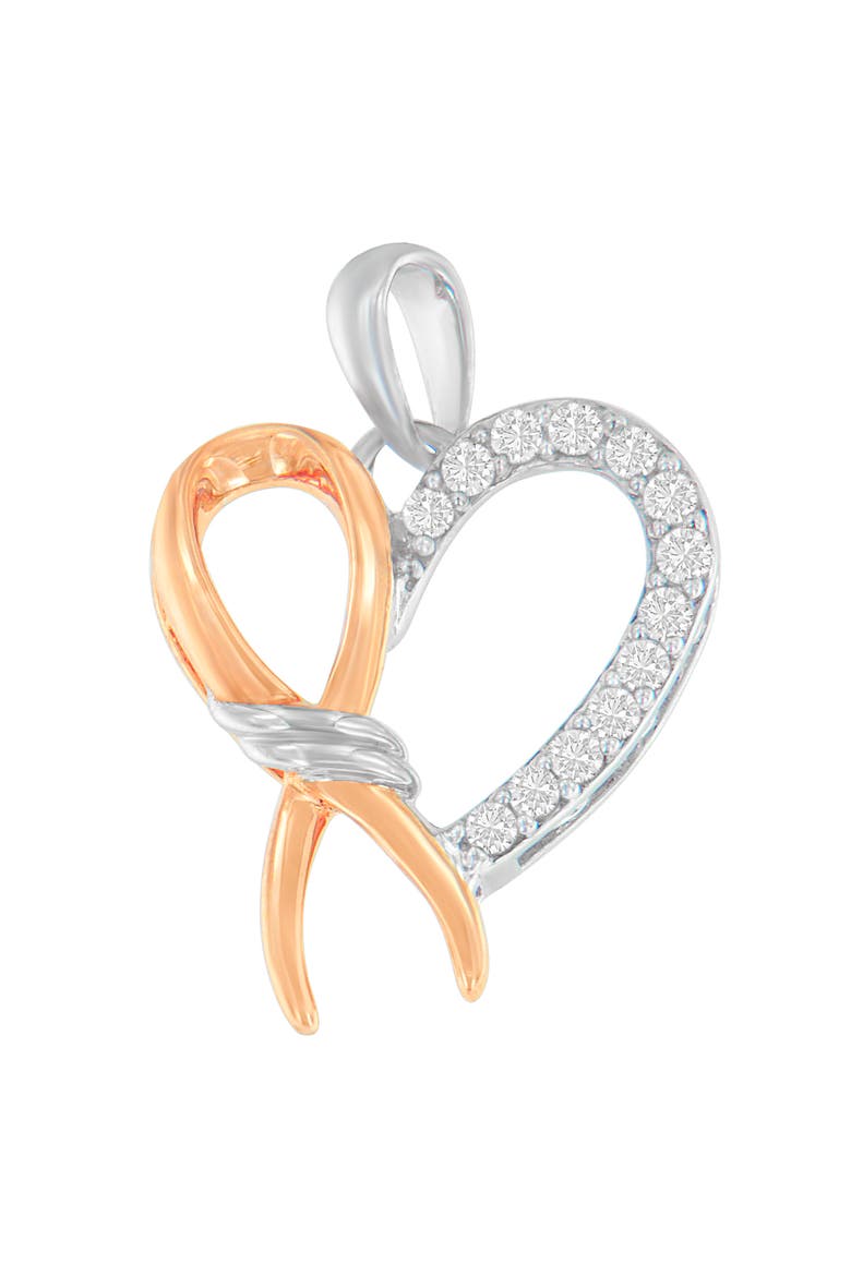Two-Toned Silver 1/5 cttw Round Cut Diamond Ribbon Heart Accent Pendant Necklace, Main, color, White
