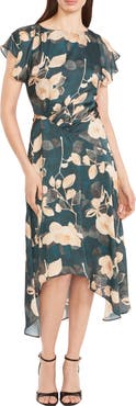 Maggy London Floral Cap Sleeve Asymmetric Midi Dress