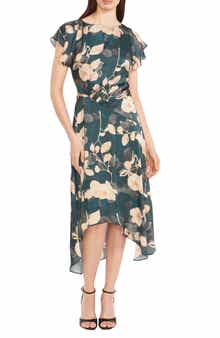 Maggy London Floral Cap Sleeve Asymmetric Midi Dress