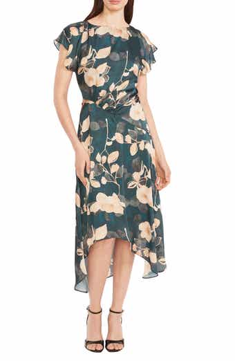 Maggy London Floral Cap Sleeve Asymmetric Midi Dress