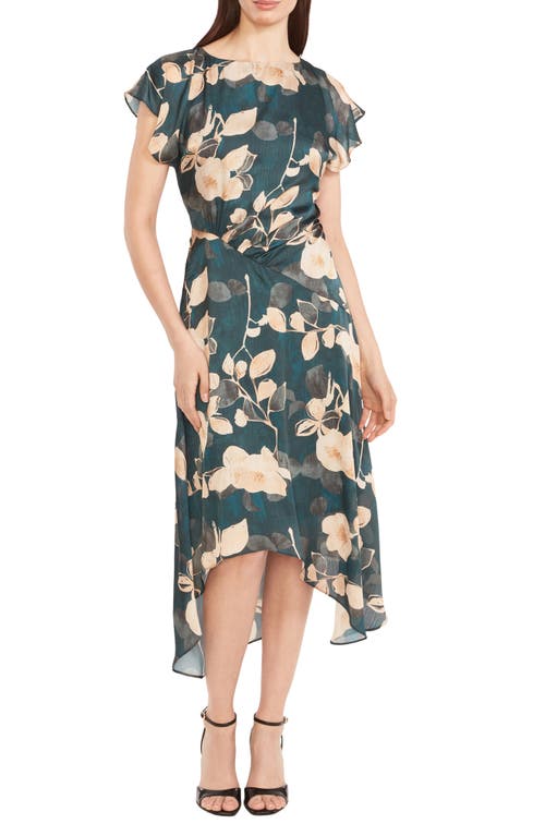 Maggy London Floral Cap Sleeve Asymmetric Midi Dress in Teal/Gold 