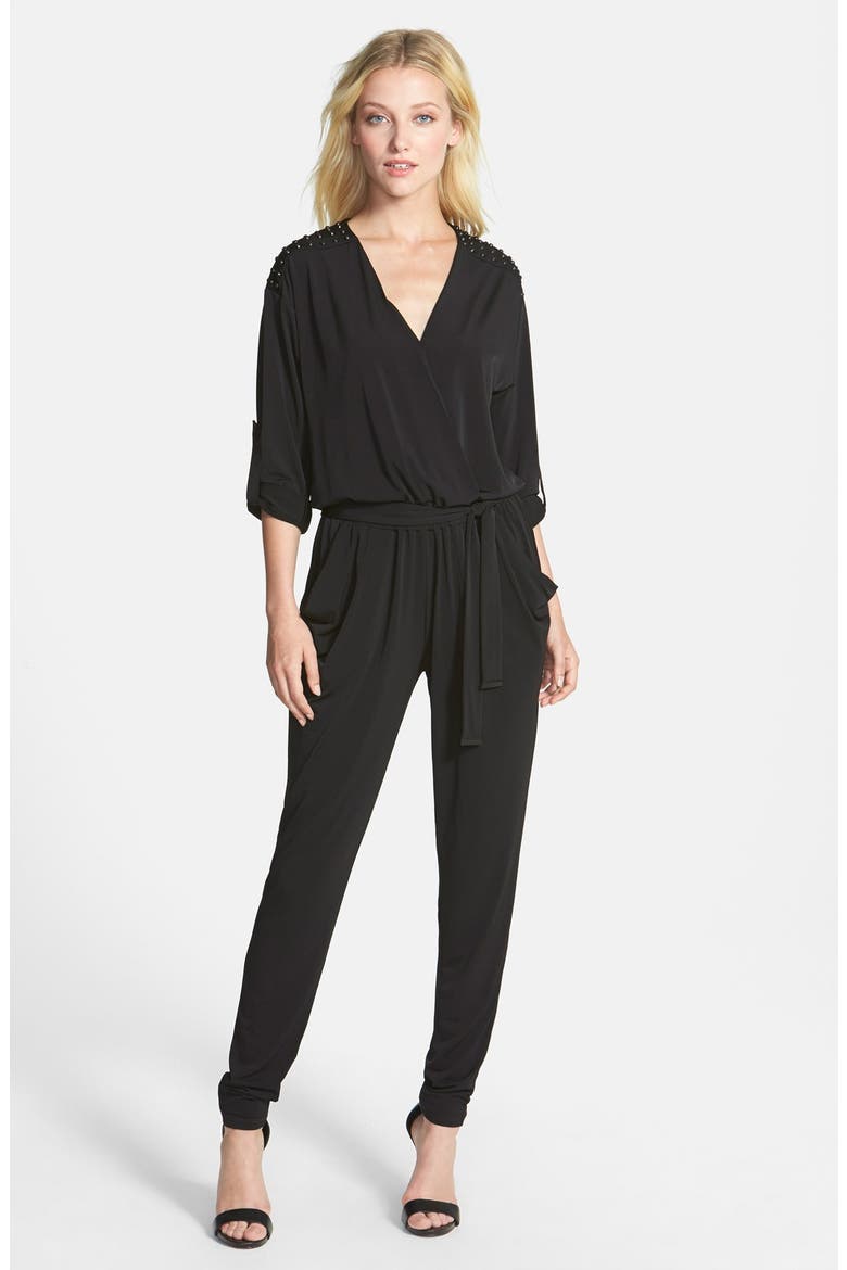 Studded Roll Sleeve Jumpsuit, Main, color, BLACK
