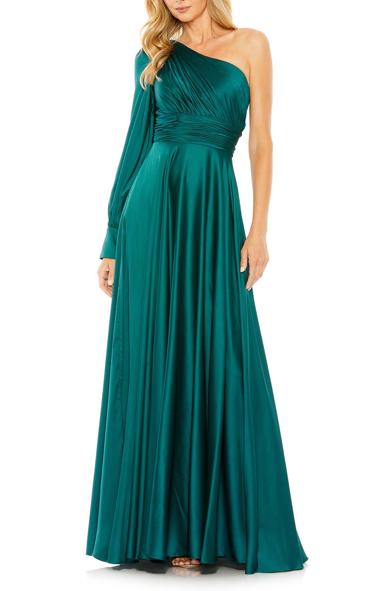 Mac Duggal One-Shoulder Long Sleeve Satin Gown, Main, color, 