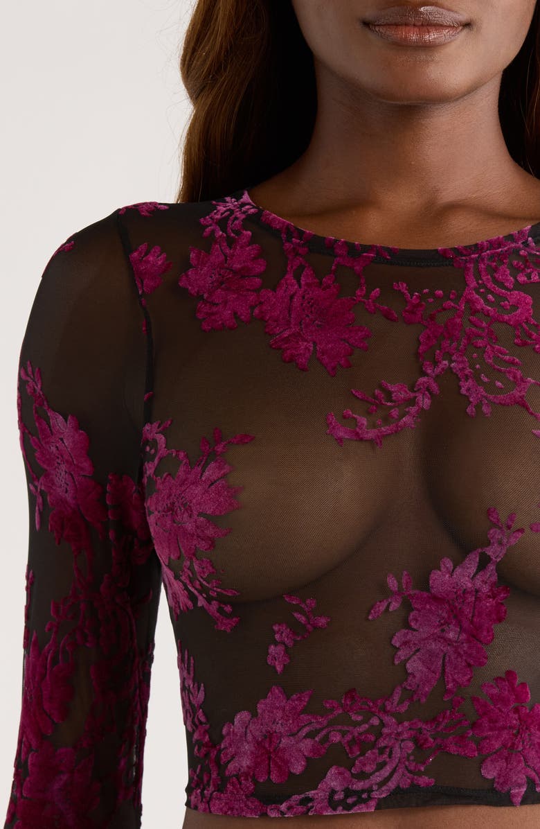 KILO BRAVA Floral Flocked Long Sleeve Crop Top, Alternate, color, Black-Boysenberry