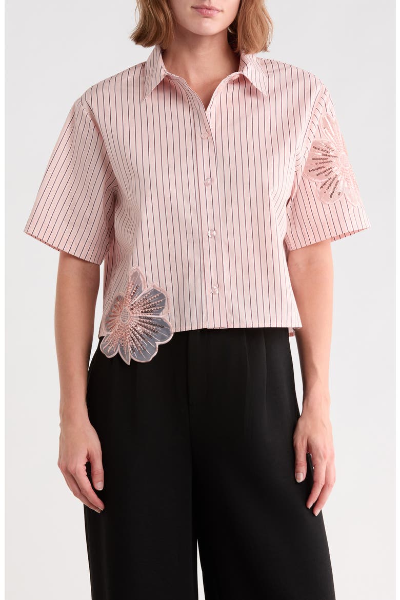 Striped Cotton Poplin Appliqué Camp Shirt, Main, color, MULTI ROSE STRIPE