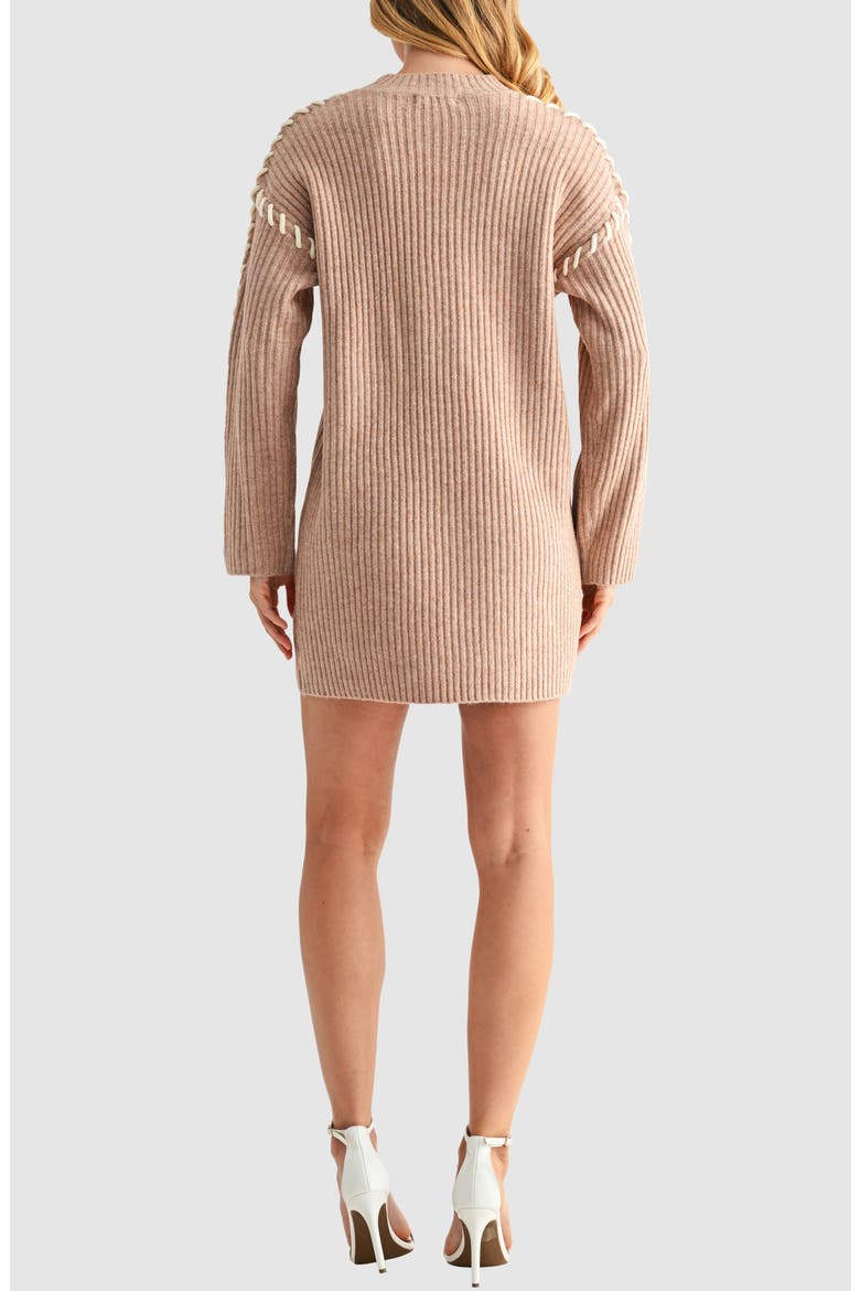 Contrast Whipstitch Long Sleeve Mini Sweater Dress, Alternate, color, MOCHA MOOSE