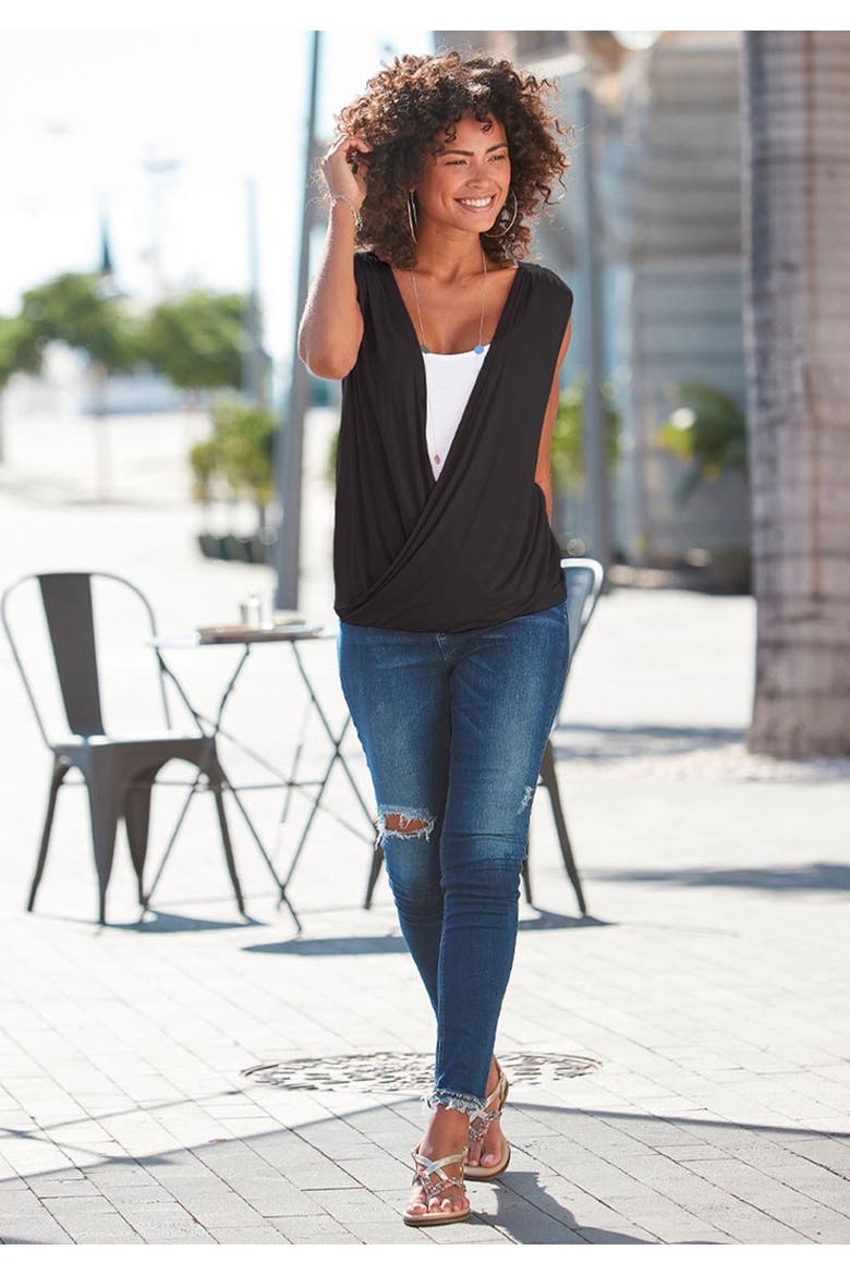 Sleeveless Wrap Look Top, Alternate, color, Black
