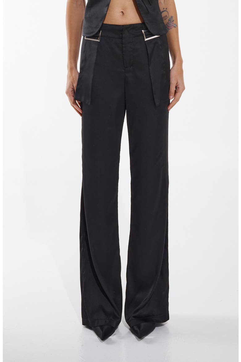 Rosie Buckled Waist Satin Straight Leg Pants, Alternate, color, BLACK