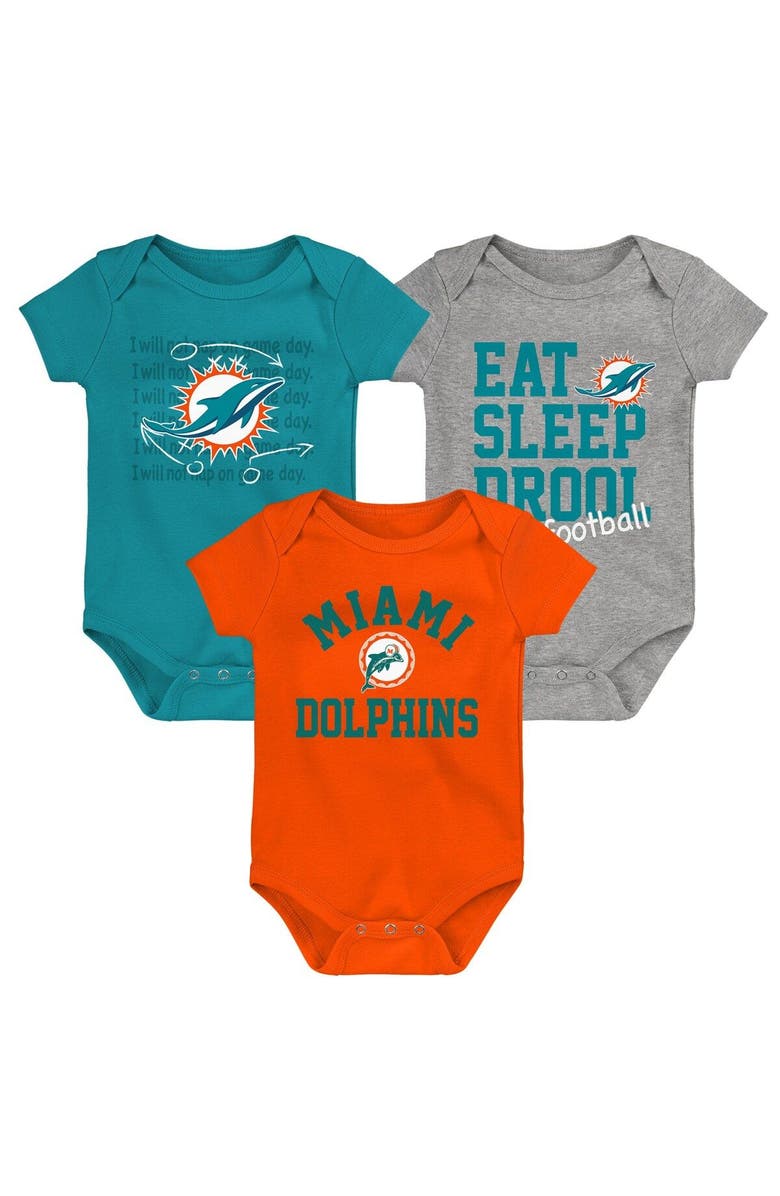 Outerstuff Newborn & Infant Aqua/Orange/Heather Gray Miami Dolphins Three-Pack Eat, Sleep & Drool Retro Bodysuit Set, Main, color, 
