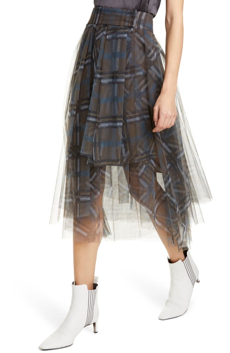 Brunello Cucinelli Check Print Tulle Midi Skirt, Alternate, color,