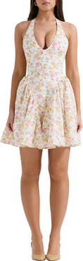HOUSE OF CB Valentia Plunge Halter Neck Stretch Cotton Minidress