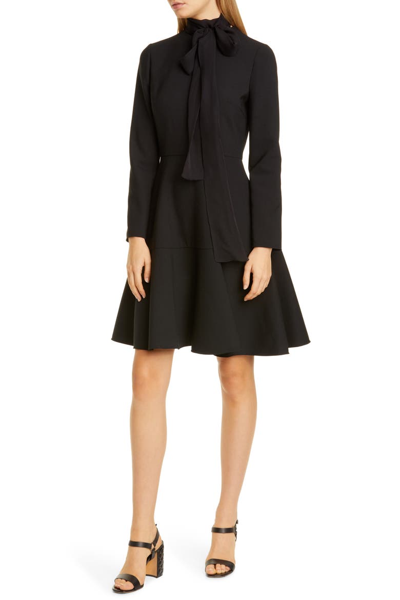 Tie Neck Long Sleeve Fit & Flare Dress, Main, color, NERO