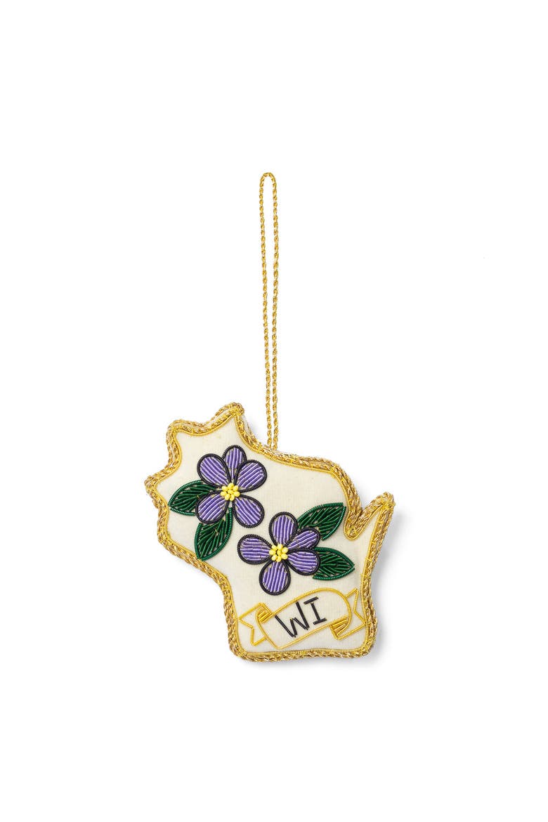Wisconsin State Violet Beaded Fabric Ornament - Embroidered, Main, color, White