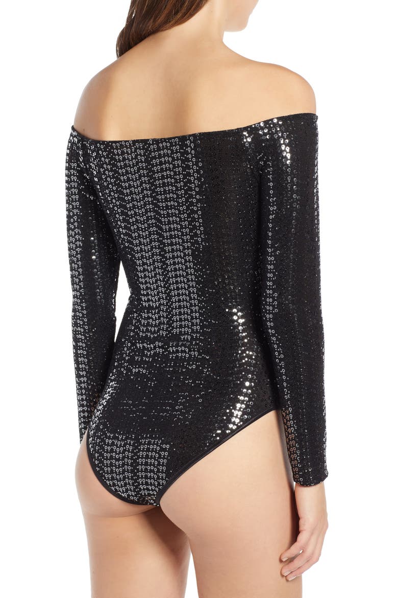 Off the Shoulder Sequin Bodysuit, Alternate, color, BLACK