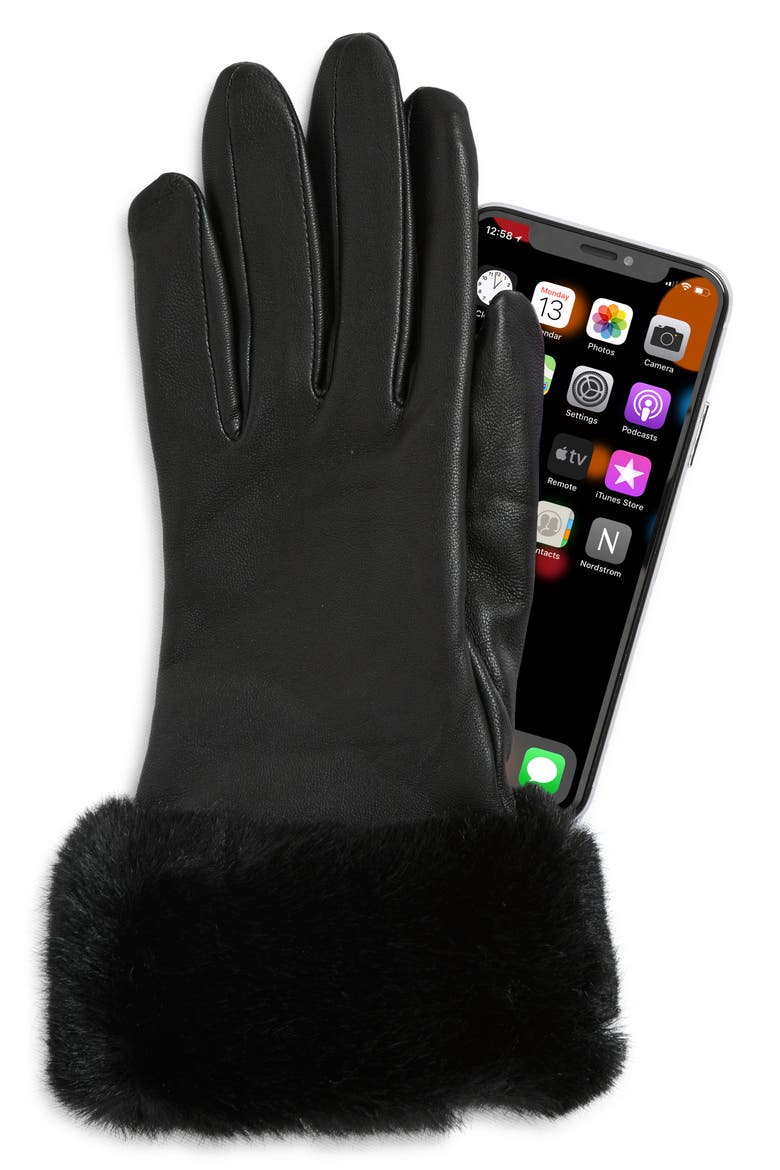 Faux Fur Cuff Tech Gloves, Alternate, color, CAVIAR