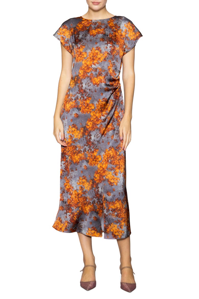 Floral Print Cap Sleeve Dress, Main, color, GREY/ RUST ABSTRACT