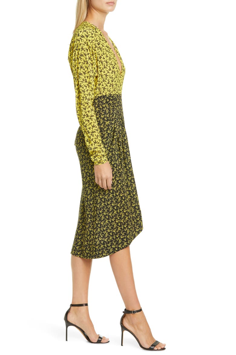 Two-Tone Floral Print Long Sleeve Crêpe de Chine Dress, Alternate, color, 4031 BLACK