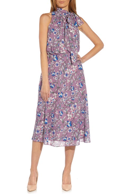 Floral Tie Neck Chiffon Midi Dress