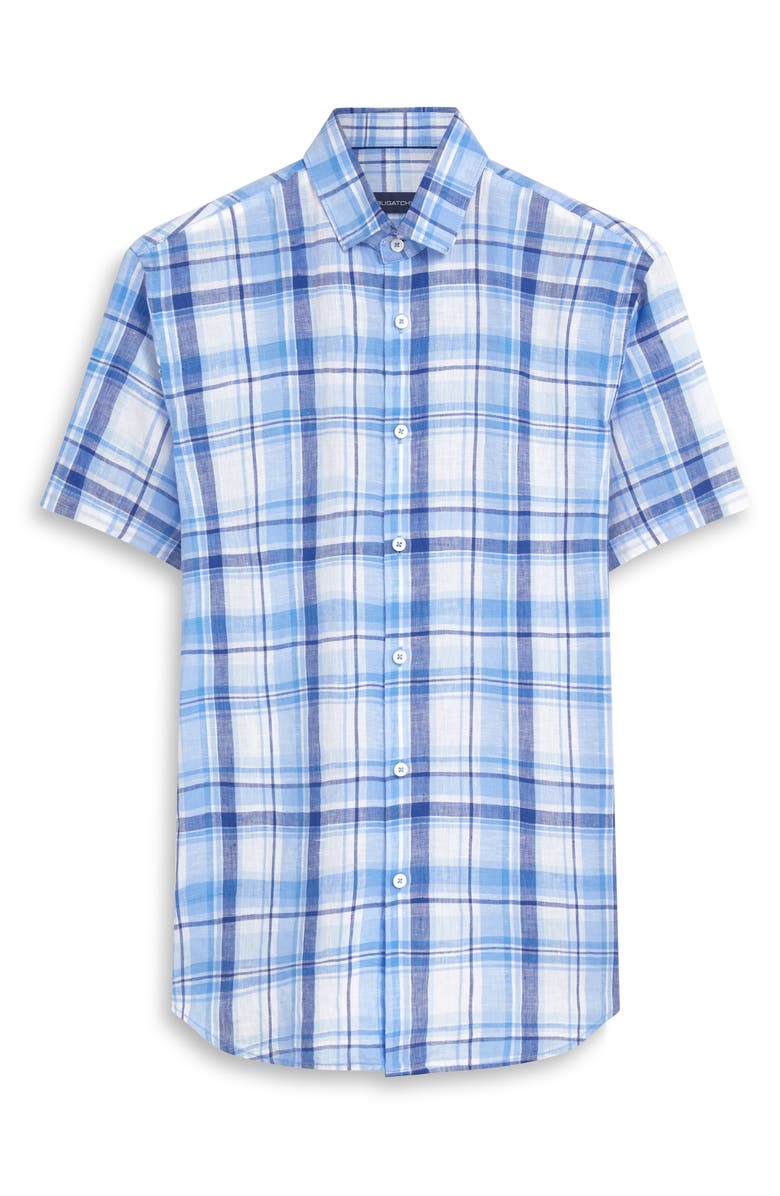 Bugatchi Plaid Short Sleeve Linen Button-Up Shirt, Alternate, color,