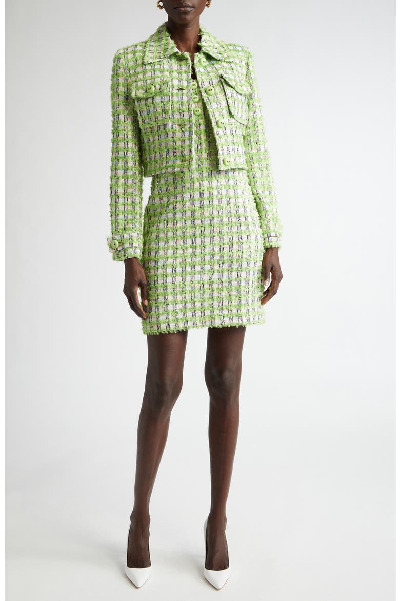 Plaid Eyelash Tweed Sheath Minidress, Alternate, color, CACTUS/ IVORY MULTI