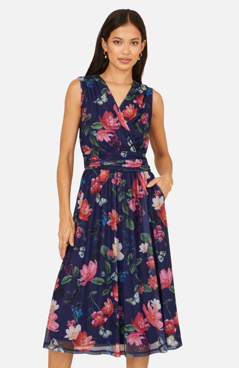 Floral Print Mesh Stretch Midi Dress
