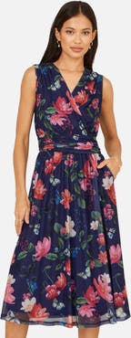 Yumi Floral Print Mesh Stretch Midi Dress