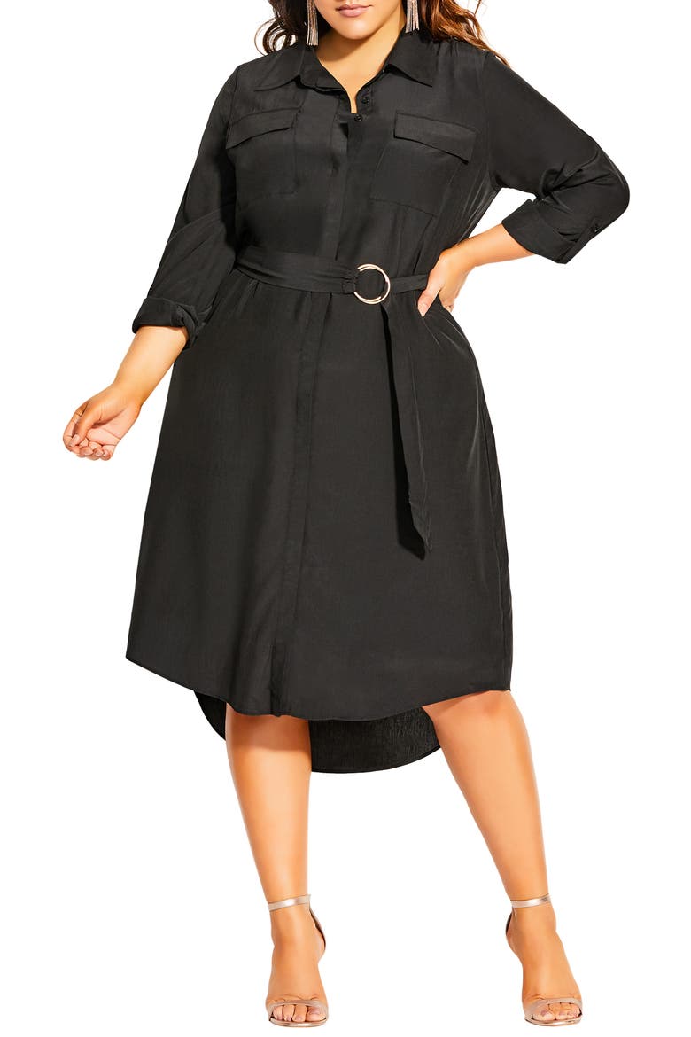 Wonderlust Long Sleeve Belted Shirtdress, Main, color, BLACK